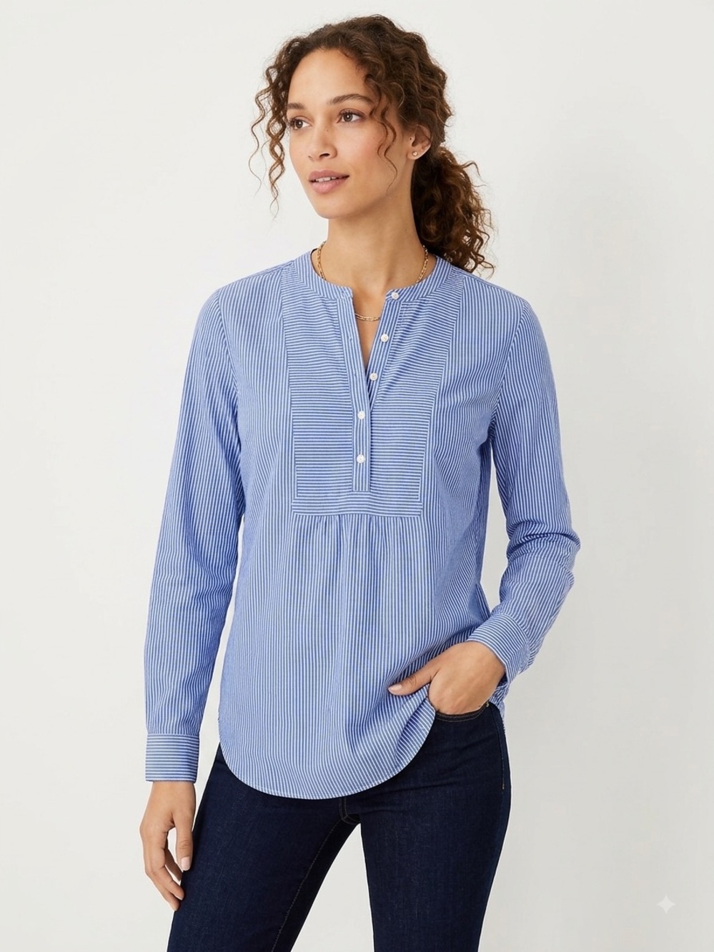 LOFT Blue & White Striped Button-Down Tunic Top